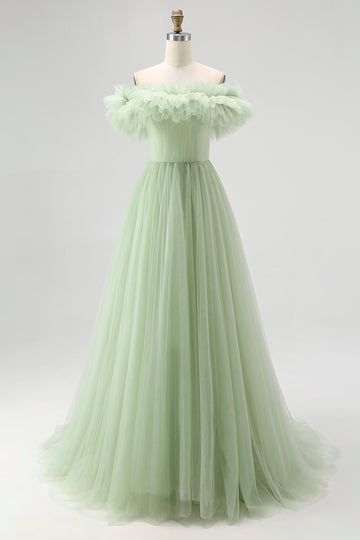 Strapless A-Line Dusty Sage Formal Dress With Ruffles